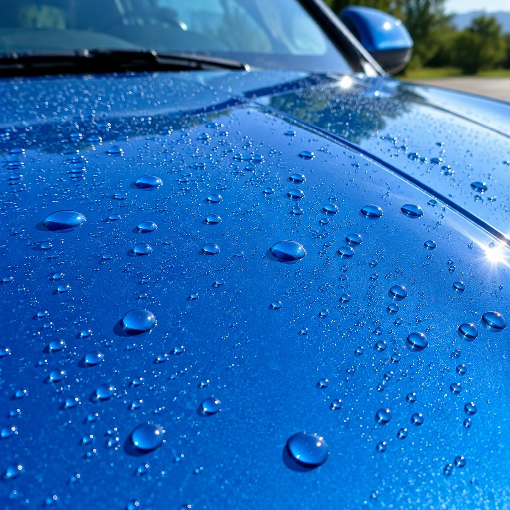 Water beading on freshly protected blue paint